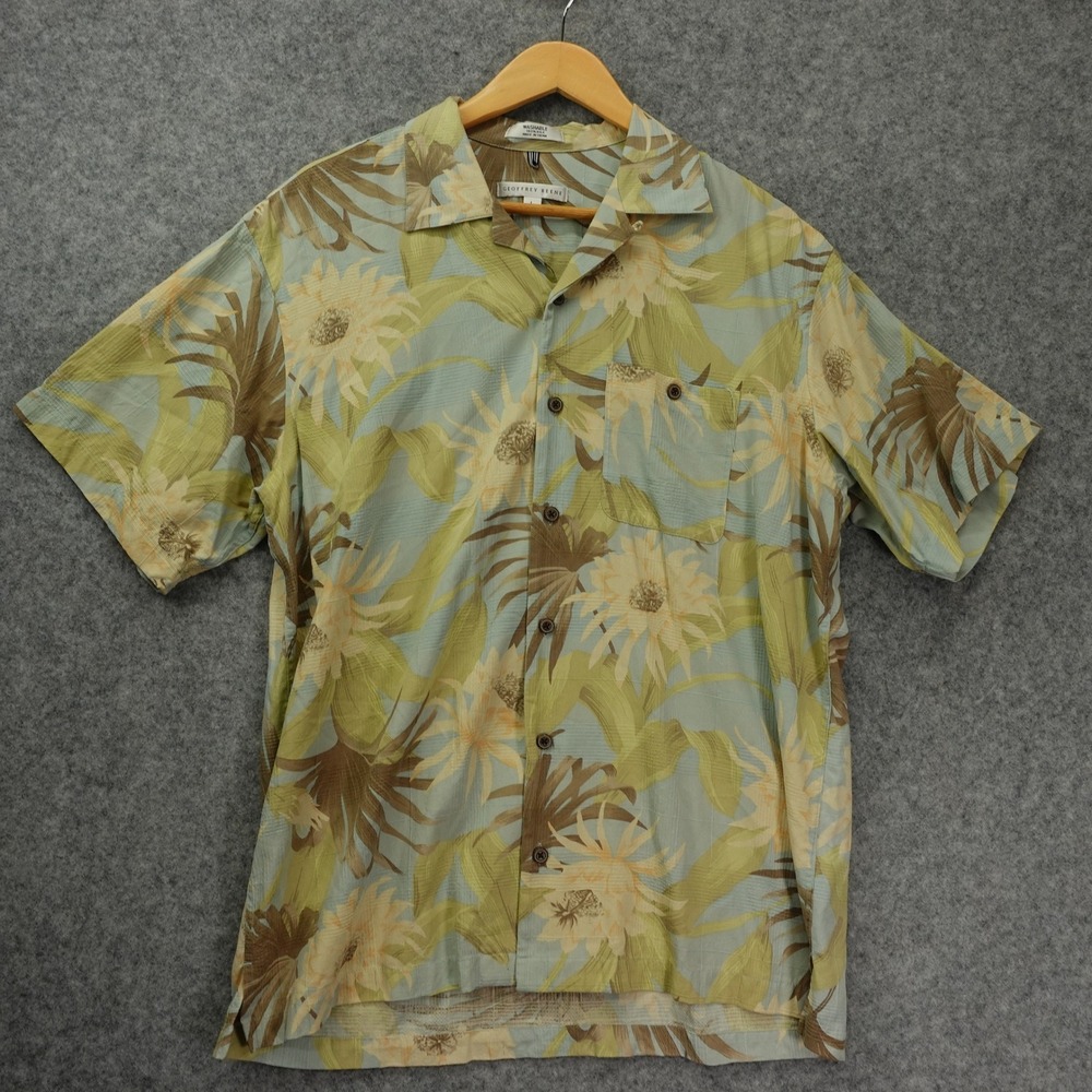 Hawaiian Camp Silk Shirt Men LARGE Sage Tropical Loop Washable GEOFFREY BEENE